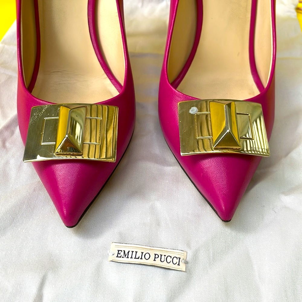 Berry color/gold Emilio Puccini leather heels in dust bag - Picture 11 of 15